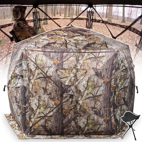 ShedOFF Extra Large Hunting Blind 4 Person with Portable Hunting Chair, 288 Degree See Through Pop up Ground Blinds for Deer Turkey Duck Hunting, Bow Hunting Adjust Windows with Silent Zipper