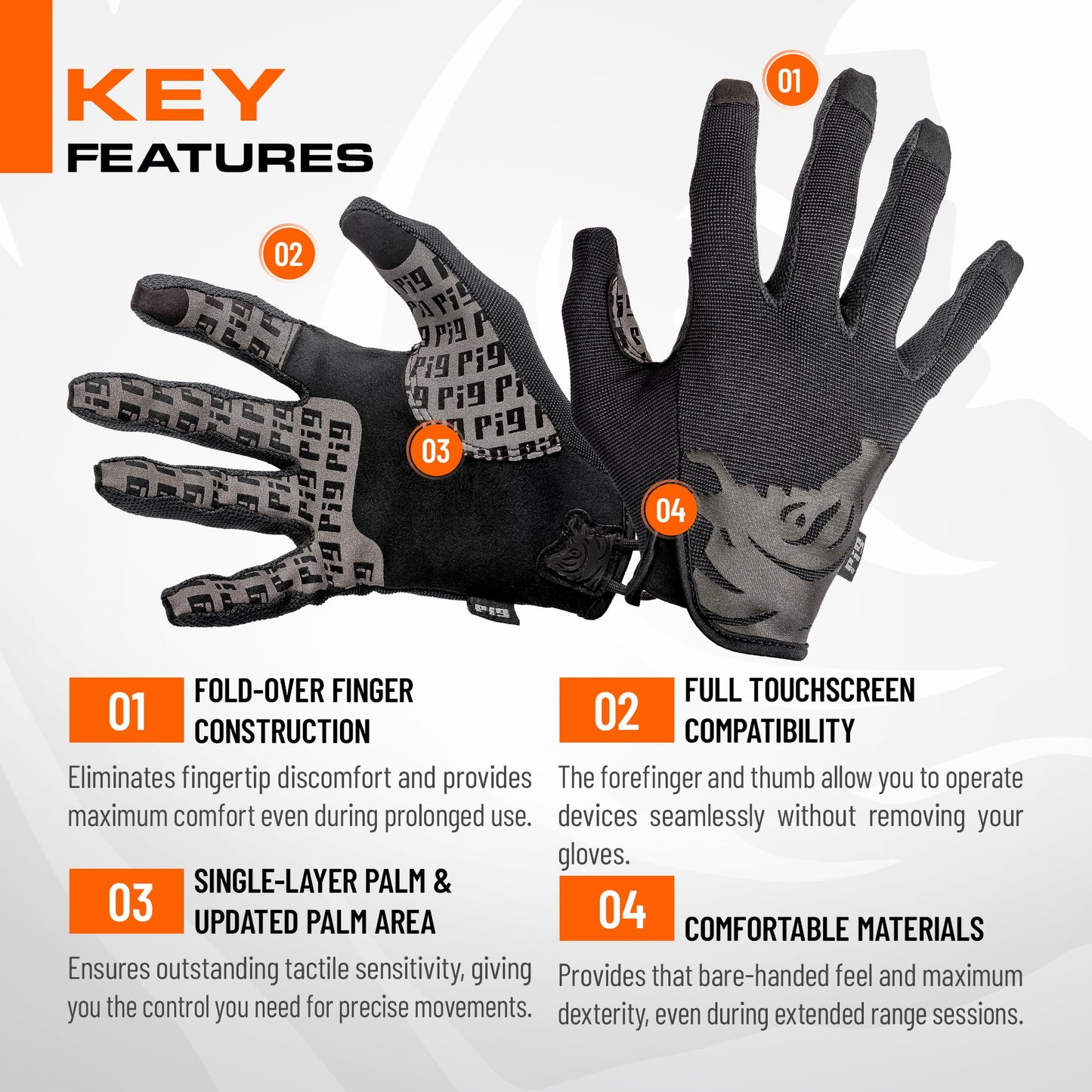 PIG FDT Delta Utility Gloves, Touchscreen Compatible, High Dexterity for Shooting Sports, 1 Pair, Black, X-Large