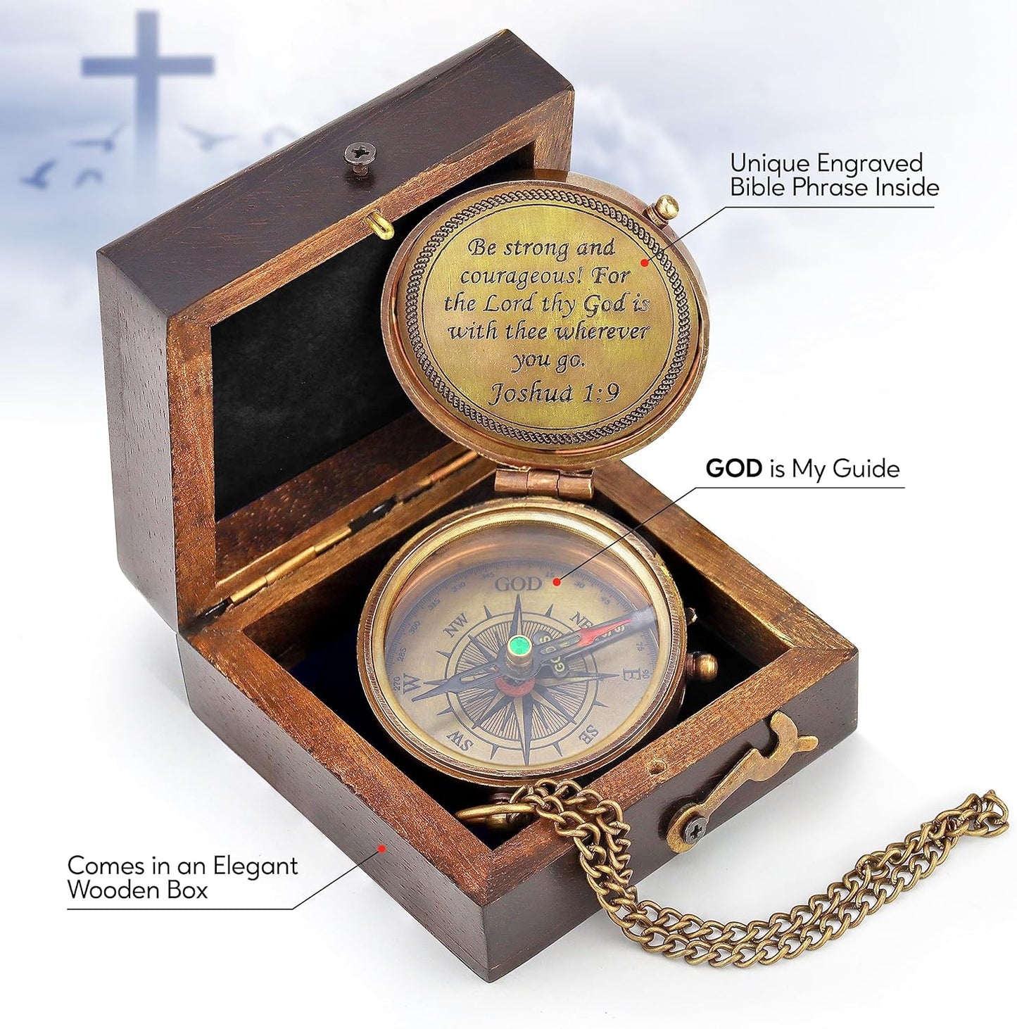 God is My Guide Brass Compass Gift with Display Box - Engraved Scripture Prayer Compass Religious Gift for Men & Women - Baptism, Confirmation, Communion Compass for Boys Graduation Gift