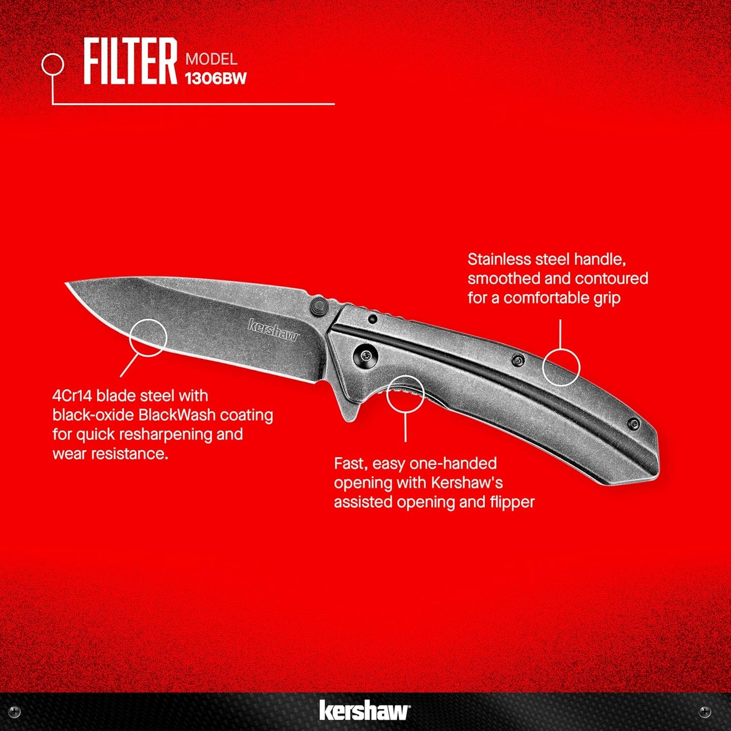 Kershaw Filter Frame Lock Knife Stainless Steel (3.25" BlackWash) 1306BW