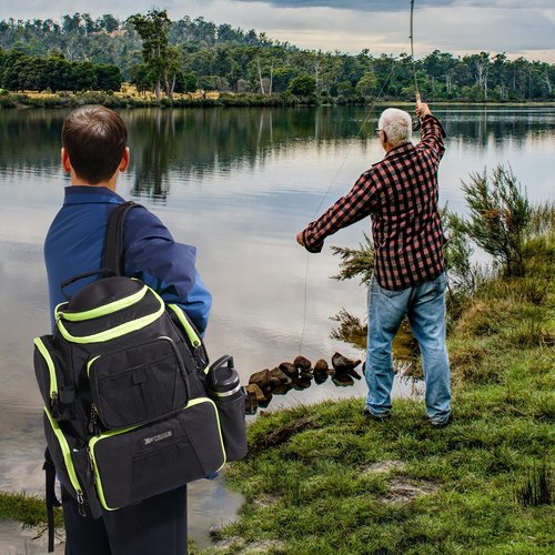 X Strike Fishing Tackle Backpack, 48L Large Fishing Bag with Rod Holder, 4 Tackle Box and Protective Rain Cover, for Fishing Camping Hiking Hunting, Black