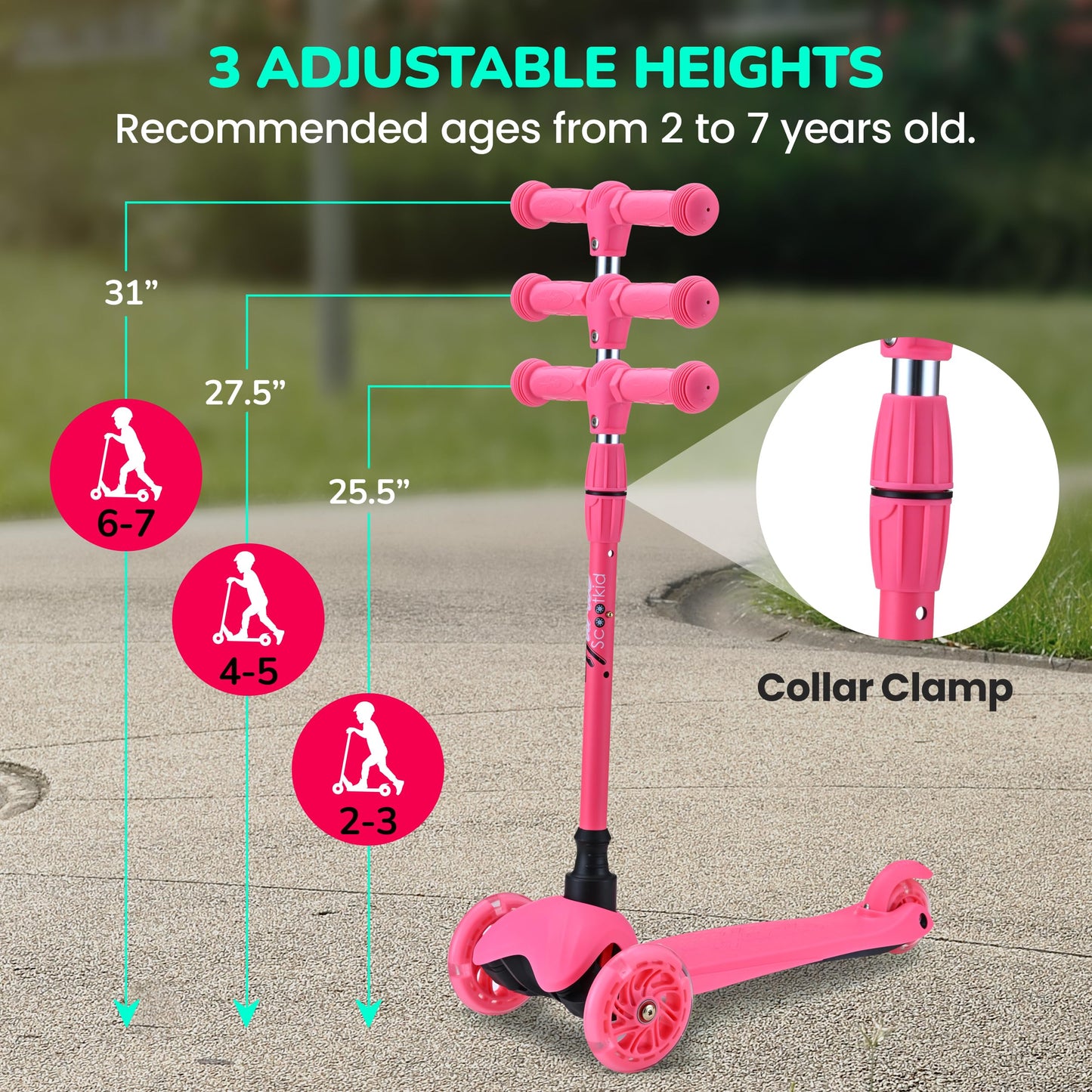 Hurtle Mini Kickboard Scooter for Kids - Height Adjustable 25''-28'', Lightweight 3-Wheel with LED Light-up Wheels, Anti-Slip,Indoor/Outdoor Fun, Micro Scooters for Ages 2-5 (Watermelon)