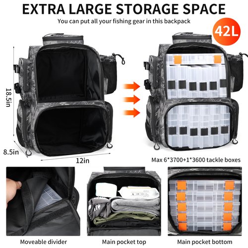 Rabjen Fishing Tackle Backpack with Rod Holders, Bottle Holder, Storage Bag Store Fishing Gear