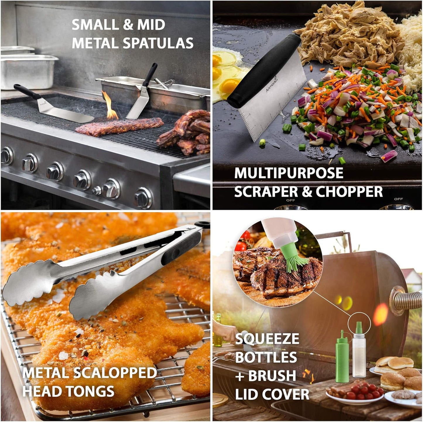 Stainless Steel Metal Spatula Set - Teppaniyaki Spatulas - Griddle Scraper Flat Spatula Pancake Flipper Hamburger Turner - Metal Utensil great for BBQ Grill Flat Top Cast Iron Griddle Accessories