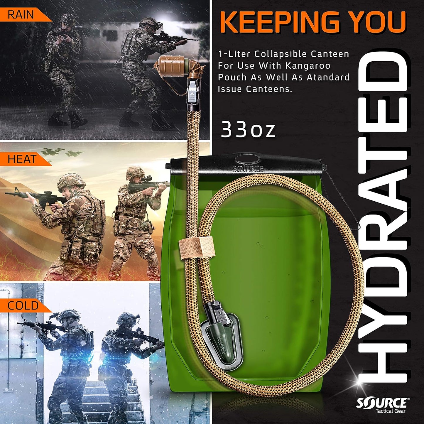 Source Tactical Kangaroo 1L Collapsible Widepac Hydration Bladder - High-Flow Push-Pull Storm Drinking Valve - Leakproof Widepac Closure - Zero Taste and Virtually Self-Cleaning - 34oz