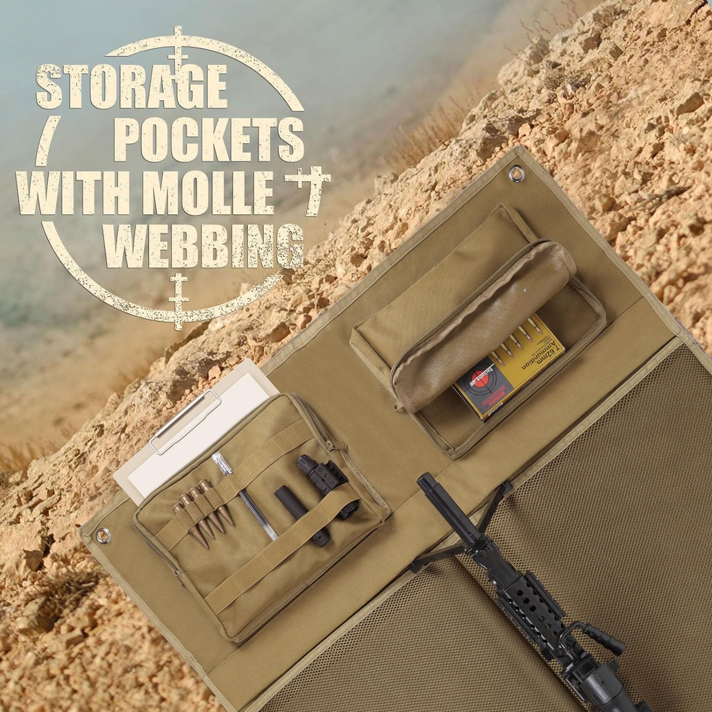 IC ICLOVER Shooting Mat, Tactical Prone Padded Shooting Mats, with 2 Pockets & Molle Webbings & Bipod Holder, Extra Large Non-Slip Waterproof Foldable Pad Blanket for Long Range Rifle Shooting Hunting