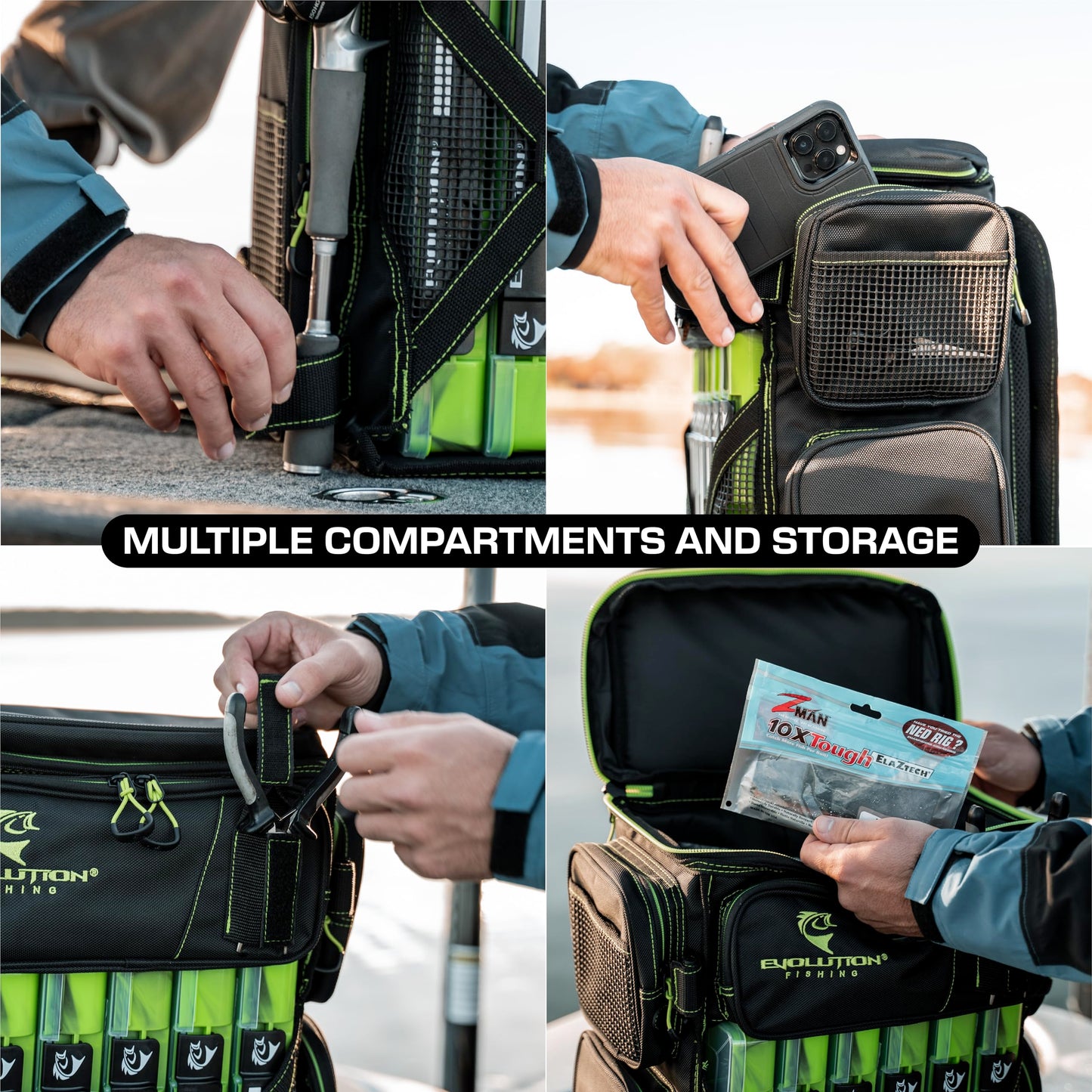 Evolution Fishing Drift Series 3700 Tackle Backpack with QuikLatch System & 2 Rod Holders – Blue, Heavy Duty Fishing Backpack w/ 6 Tackle Trays