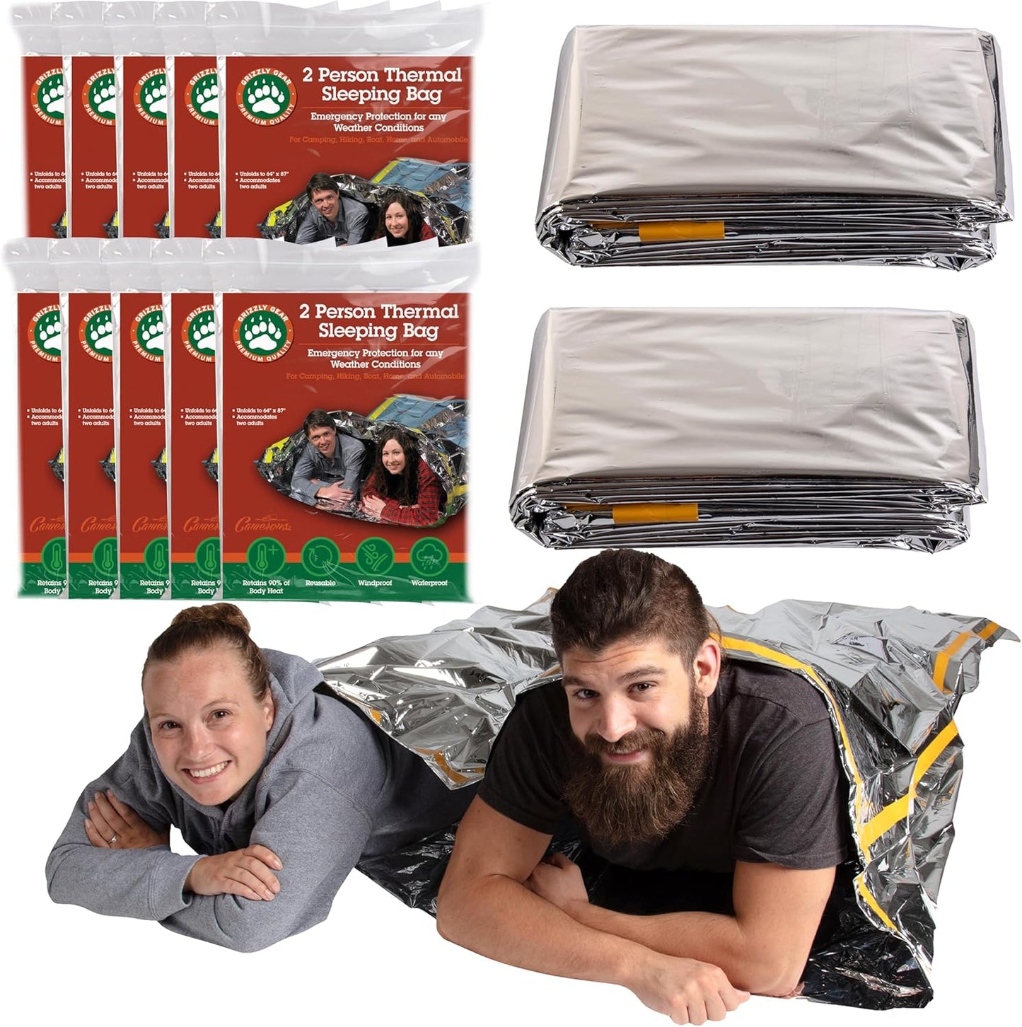 Emergency Thermal Mylar 2 Person Sleeping Bags -Ultra Compact for Camping, Survival, Disaster Bivouac Shelter- Pocket Sized, 7.25ft x 5.25ft - Retains 90% of Body Heat and Repels Wind & Water