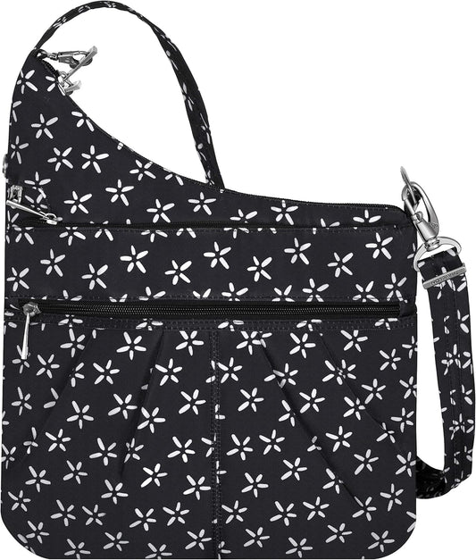 Travelon Anti-Theft Signature 3 Compartment Crossbody, Straight Pocket (A B/W SMALL FLOWER PRINT)
