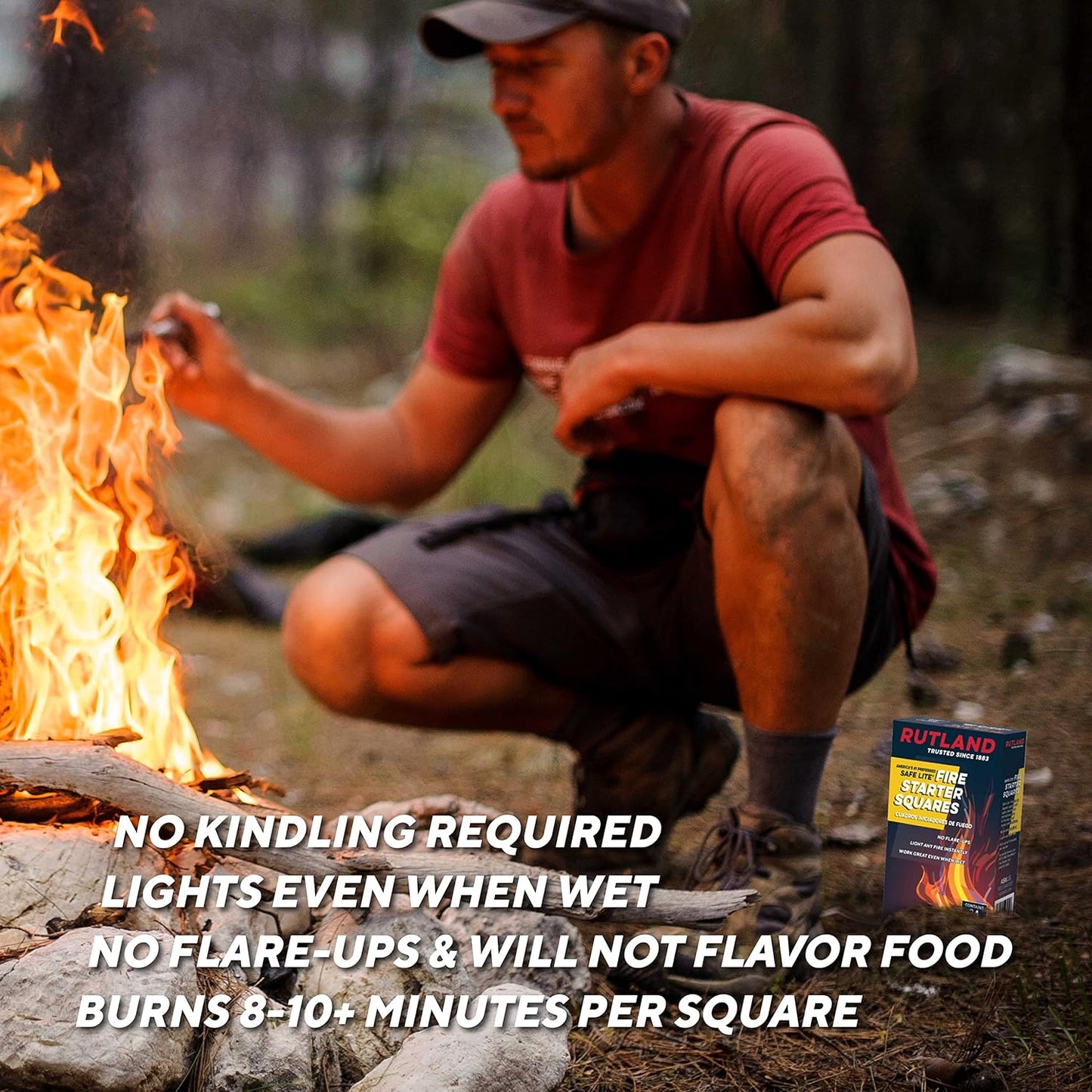 Rutland Safe Lite Fire Starter Squares - Heavy Charcoal Starters for Fireplace, Grill Pit, BBQ & Campfires - USA-Made Camping Accessories - Odorless Long Burn - 24 Squares