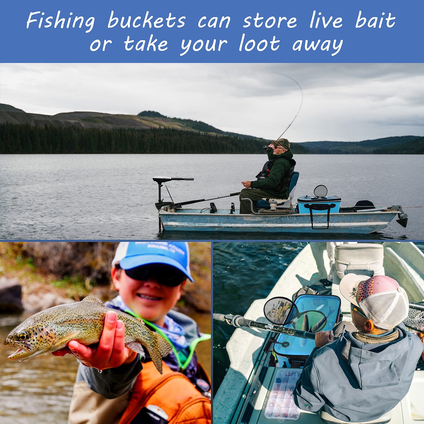 WHCDSTGJ Transparent Top Cover Fishing Bucket, Foldable Fish Bait Bucket, Multifunctional Minnow Bucket, Live Fish Container, Fish Protection Bucket, Outdoor Camping Fishing Bag. (Blue, 4 Gallon)