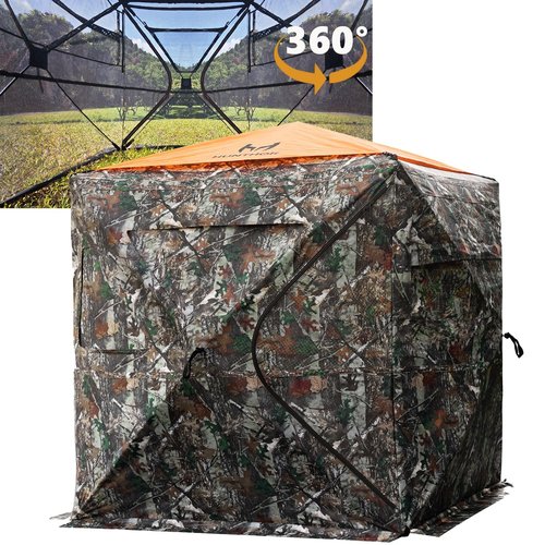 Hunthor Hunting Blind for 2-3 Person, 360 Degree See-Through Ground Blind with Silent Zipper and Orange Top, Portable Pop-Up Tent for Deer and Turkey Hunting with Carry Bag