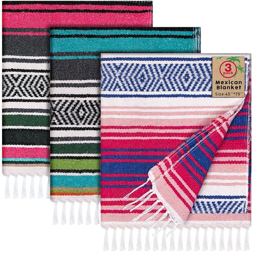 Oudain 3 Pack Mexican Blankets and Throws 45 x 70 Inch, Cotton Outdoor Camping Baja Blanket Woven Serape Restorative Yoga Fiesta Picnic Beach Supplies (Classic Color)