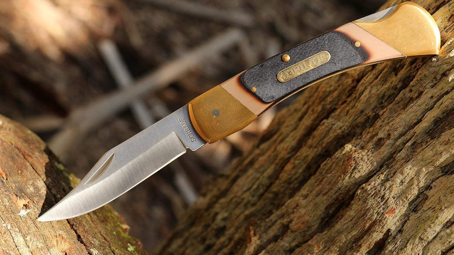 Old Timer 7OT Cave Bear Traditional Lockback Pocket Knife with 3.9in High Carbon Stainless Steel Blade, Sawcut Handles, and Leather Belt Sheath for Hunting, Camping, Whittling, EDC, and Outdoors