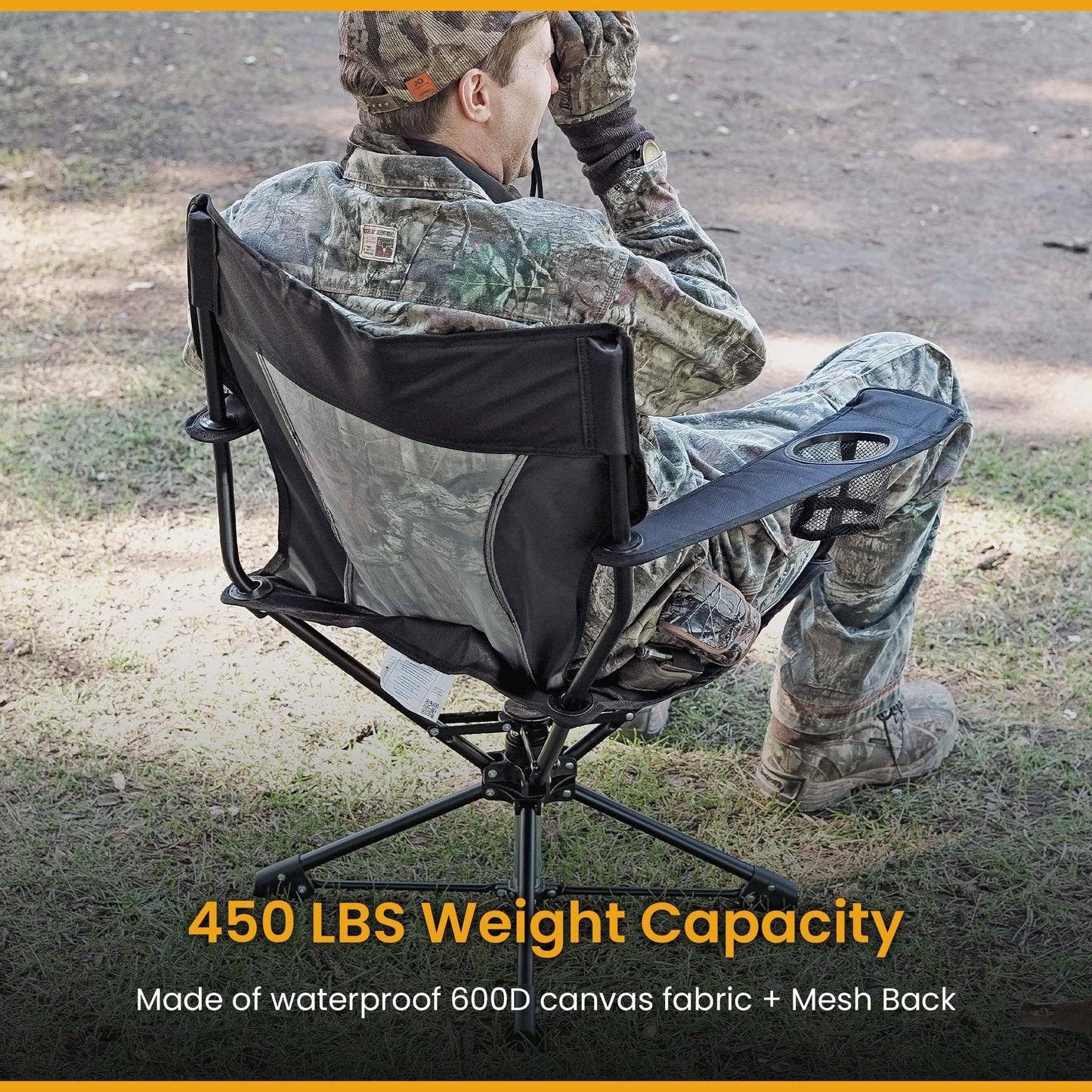 ARROWHEAD OUTDOOR 360° Degree Swivel Hunting Chair Stool Seat, Perfect for Blinds, No Sink Feet, Supports up to 450lbs, Carrying Case, Steel Frame, Fishing, High-Grade 600D Canvas, USA-Based Support