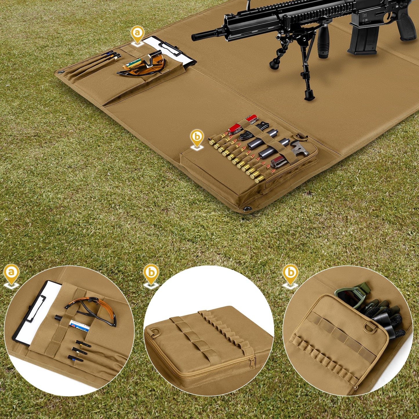 GOBUROS Tactical Shooting Mat with Carrying Bag, Extra Large Roll Up Shooting Mats Prone Padded Shooting Blanket with 2 Accessory Pockets for Range Shooting Hunting, Khaki