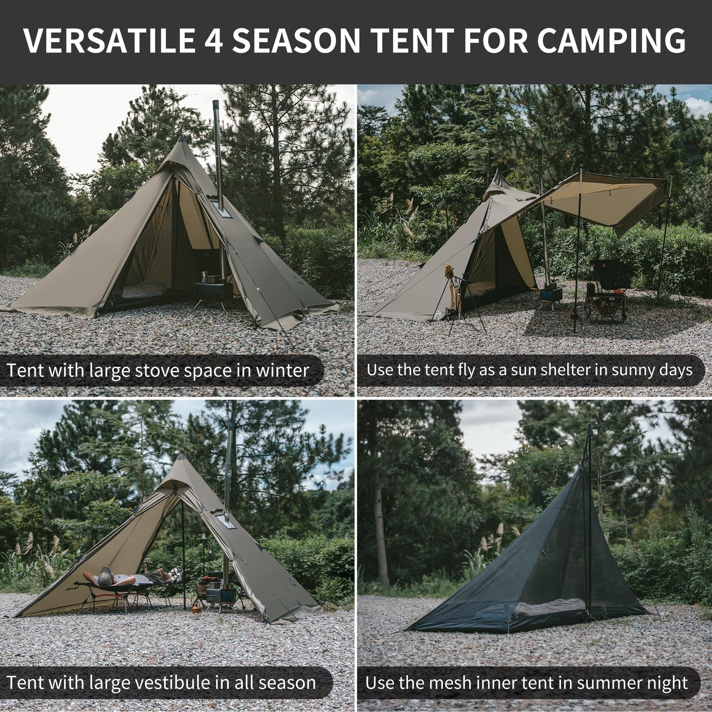 Naturehike Ranch Fire Teepee Tent, 4 Season Hot Tent with Stove Jack, Windproof Waterproof Cold Weather Winter Tents for Camping