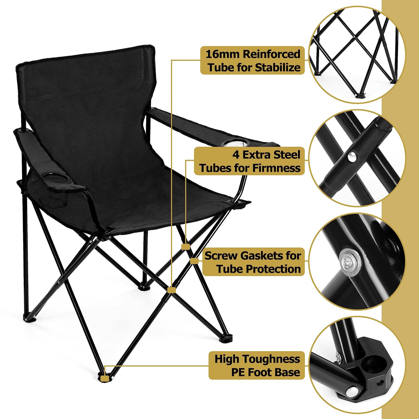 Leonyo 2Pcs Folding Camping Chairs, Outdoor PortableLawn Chairs for Adults with Cup Holders, Carrying Bag for Outside Beach, Sports, Hiking, Black