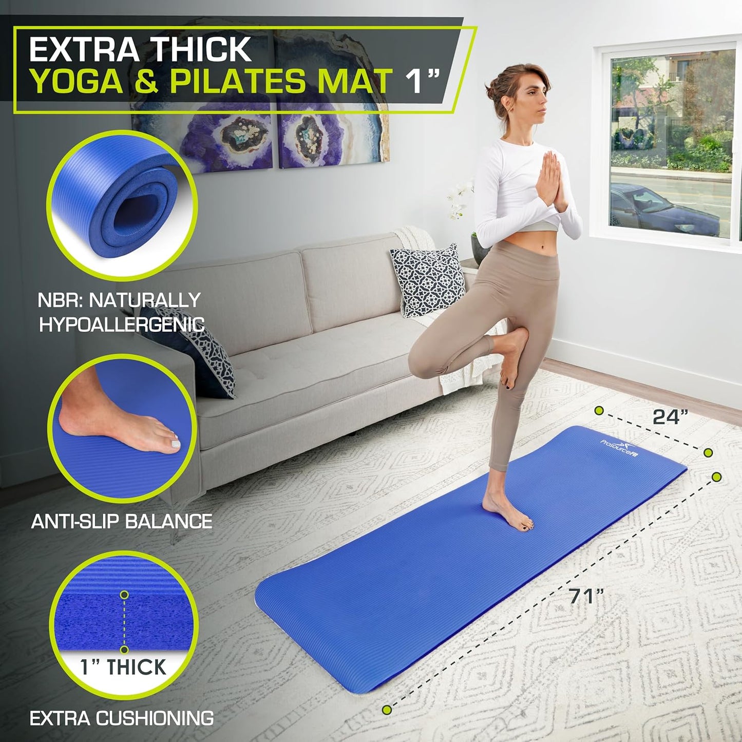 Extra Thick ½” Yoga & Pilates Mat - 71” High Density Foam with Carrying Strap