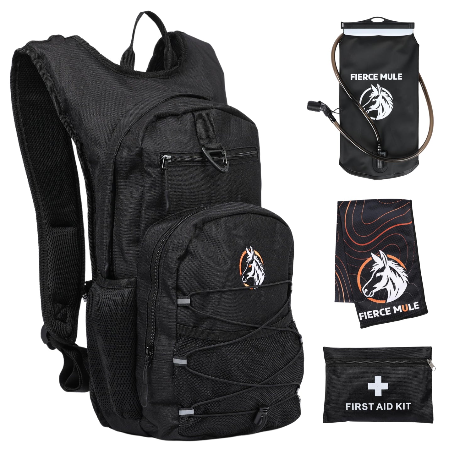 Fierce Mule Hydration Backpack 18L with First Aid Kit, 3L Water Bladder & Cooling Towel - Lightweight Hydration Daypack for Biking, Running, Hiking, Camping, Raves