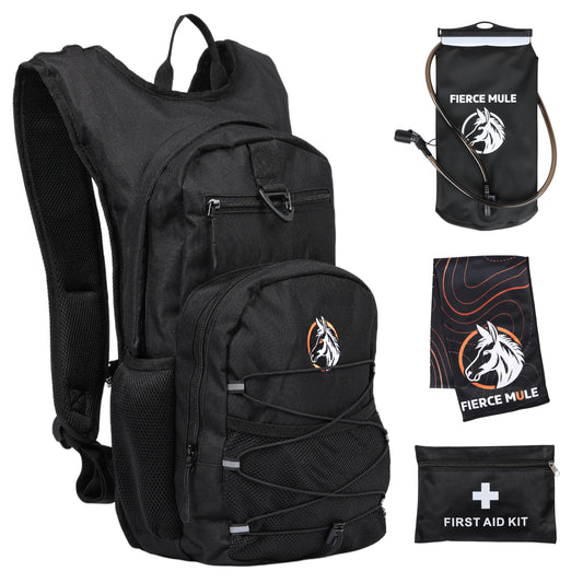 Fierce Mule Hydration Backpack 18L with First Aid Kit, 3L Water Bladder & Cooling Towel - Lightweight Hydration Daypack for Biking, Running, Hiking, Camping, Raves