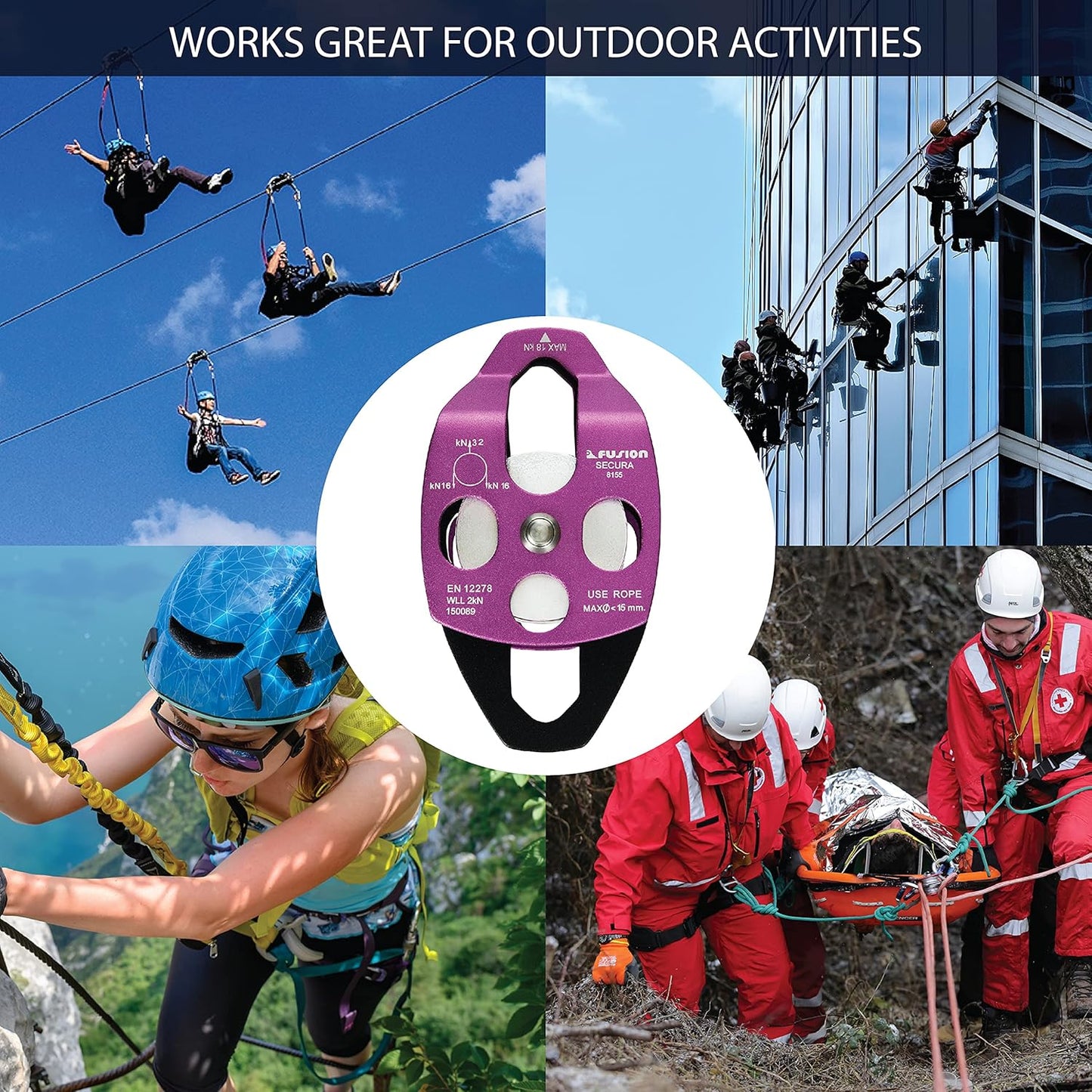 Fusion Climb Lightweight and Durable Aero Space Aluminum Alloy Double Pulley Swing Plate 32kN for Progress Capture System Rigging Hauling Rescue Arborist Tree Climbing