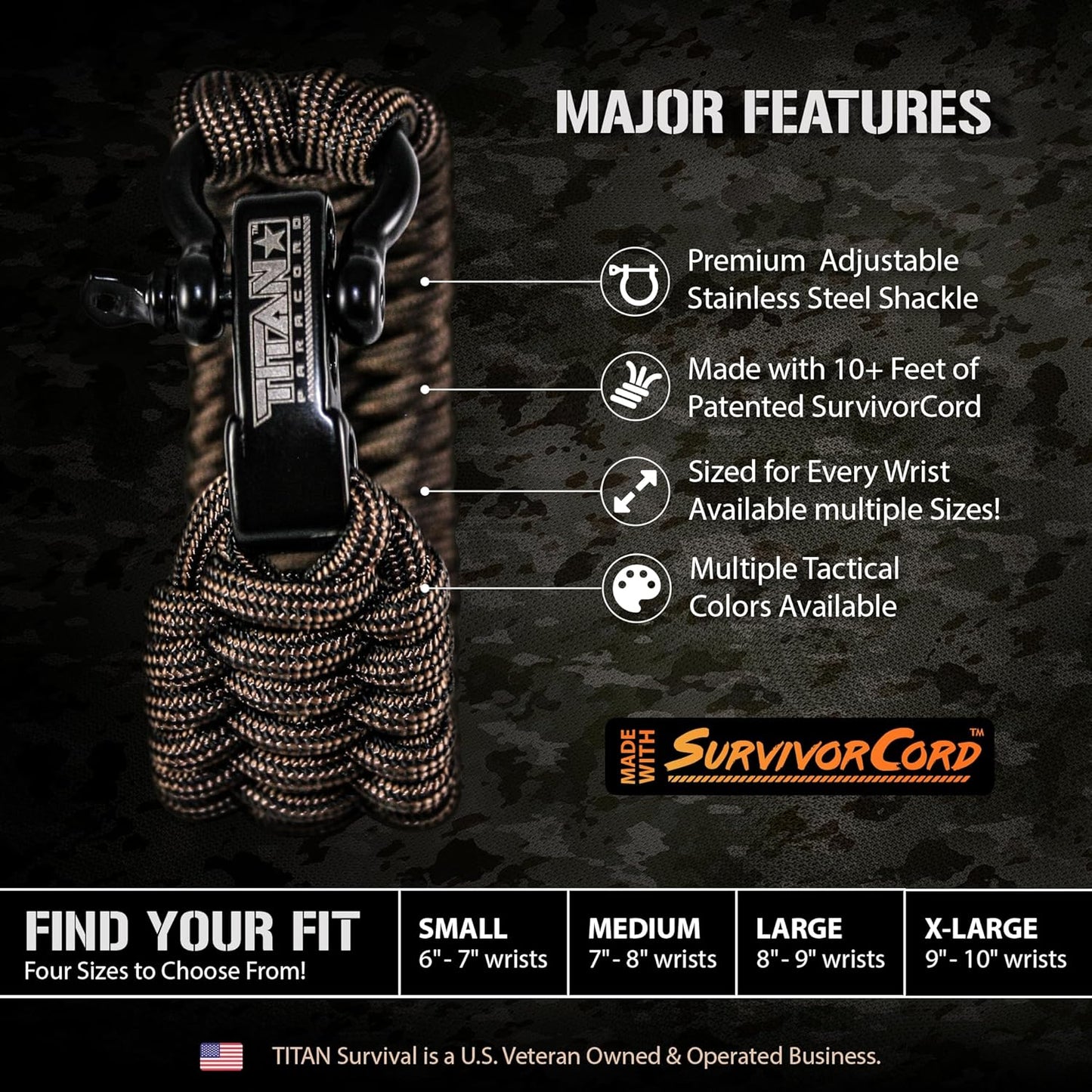 Titan Paracord Survival Bracelet | Made with Patented SurvivorCord (550 Paracord, Fishing line, Snare Wire, and Waxed Jute for Fires). Free eBooks Included.