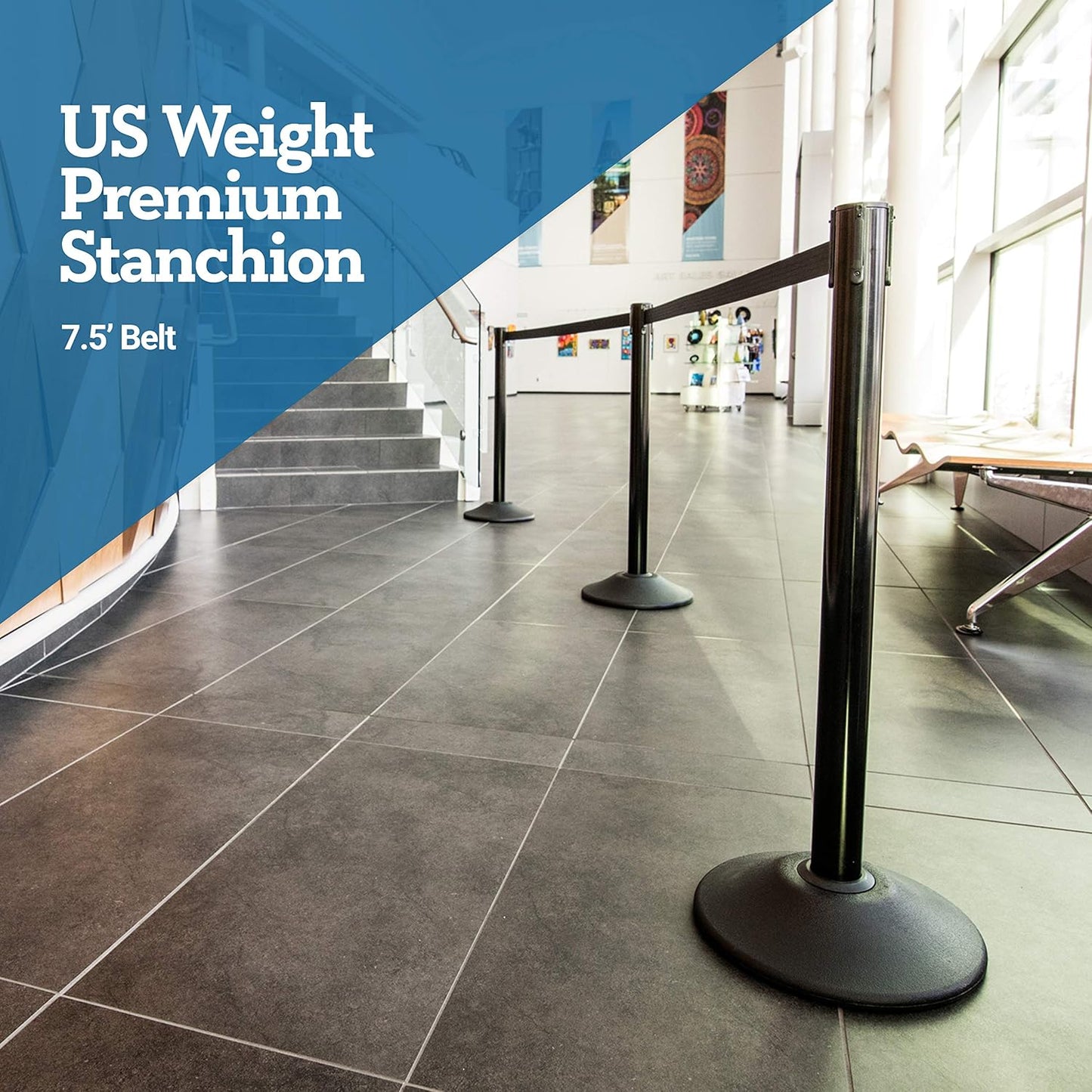 US Weight Black Heavy Duty Premium Steel Stanchion with Black 7.5-Foot Retractable Belt, 2 pack