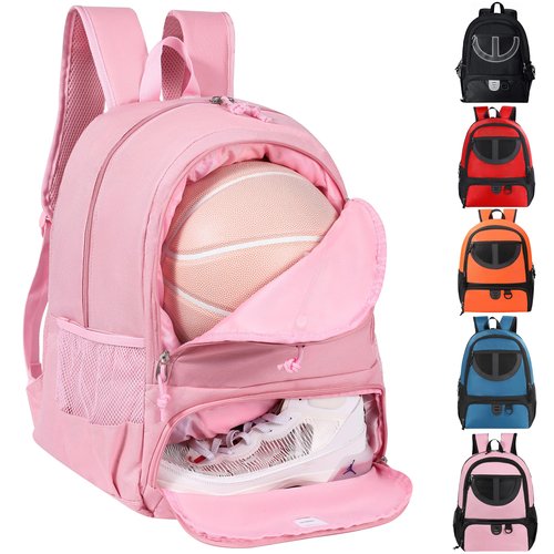 Basketball Bag Backpack for Women with Ball & Shoes Compartment 30L Capacity Lightweight Breathable Girls Soccer Ball Bag Backpack Fit Volleyball Football Sports Travel School Gym Pink