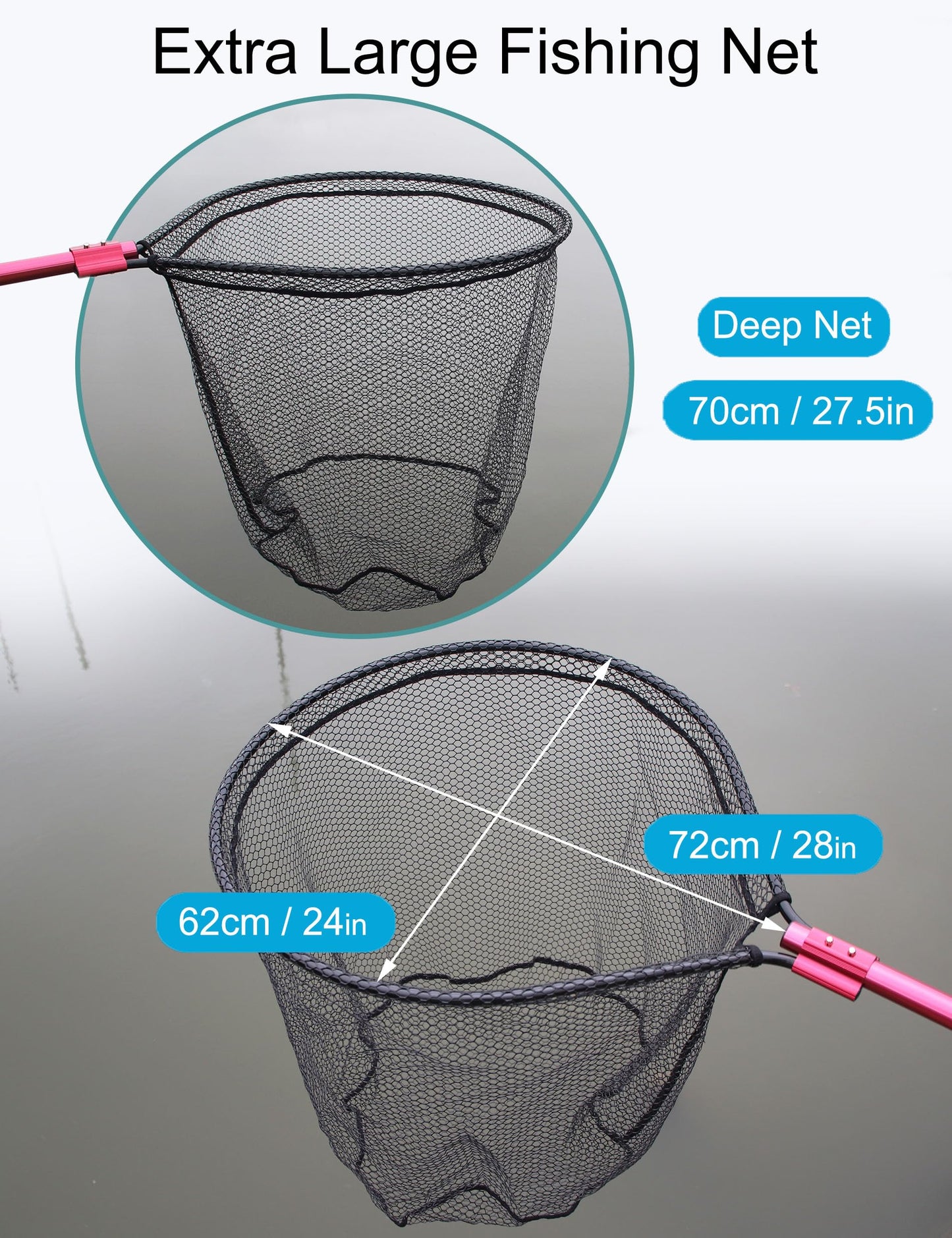 Beoccudo Fishing Net Large Fishing Net with Handle Landing Nets for Saltwater Telescopic Rubber Fishing Nets for Fish Aluminum Dip Fish Net, Extends to 70-92in, Net Hoop 28x24in, 27.5in Deep