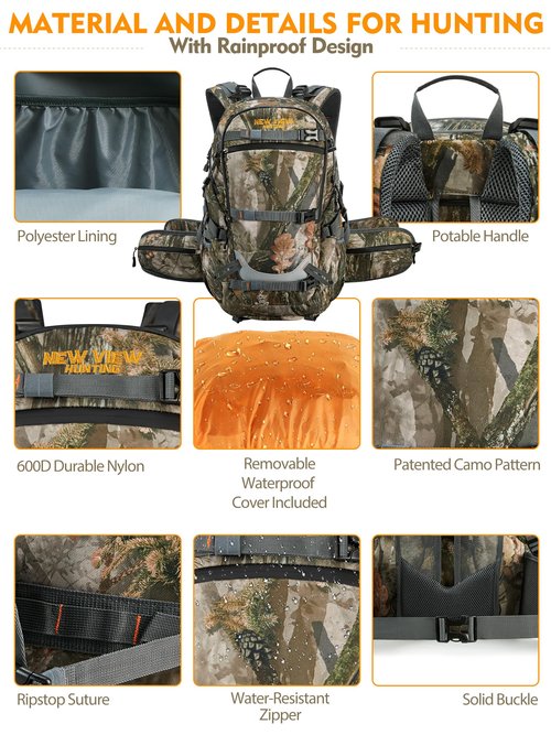 NEW VIEW Hunting Backpacks for Men 35L, Camo Backpack for Hunting with Rifle Bow Gun Holder, Waterproof Hunting Pack with Rain Rover