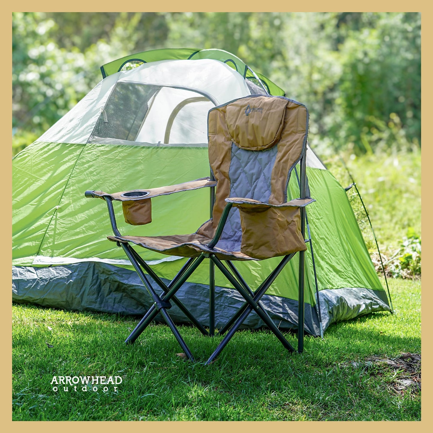 ARROWHEAD OUTDOOR Portable Deluxe Folding Camp Quad Chair w/Headrest, Glass & Cup Holders, Armest 6-can Cooler, Heavy Duty Carry Bag, 550 lbs Weight Capacity