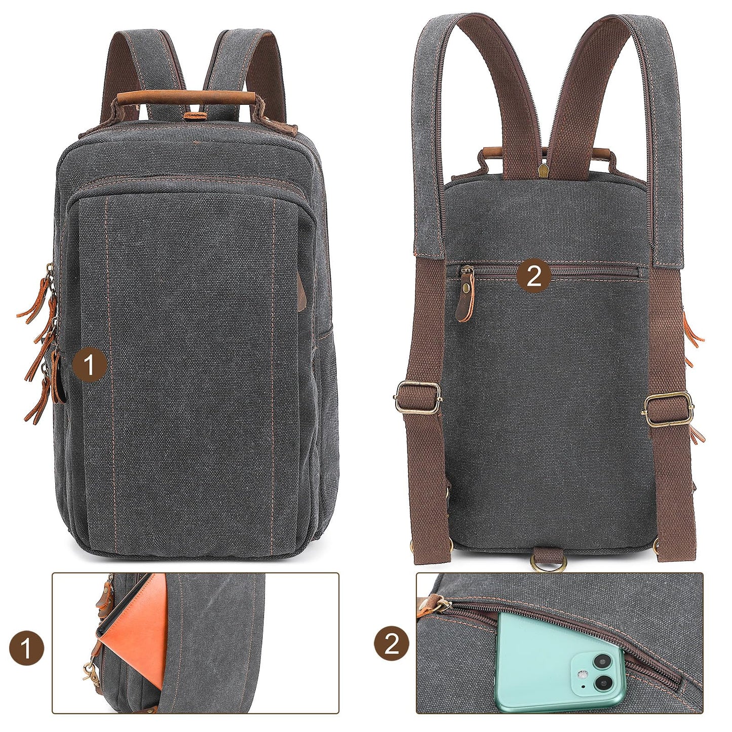 AUGUR Canvas Backpack Sling Bag Crossbody Small Bag Casual Rucksack for Men Women Cycling Hiking Travel (Gray)