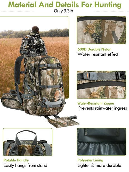 Camo Hunting Backpack for Men, 35L Durable Hunting Pack, 600D Daypack with Rain Cover, Interal Frame Support