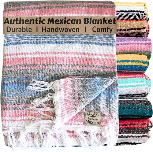 Del Mex Classic Mexican Blanket, Large Authentic Woven Falsa Throw (70"x50"), Artisan Southwest Décor for Beach, Yoga, Outdoors (Pink/Tan)