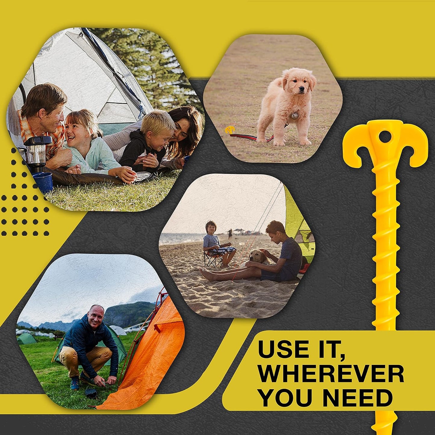 Fstop Labs 8 Pack Large 10 inch Outdoor Tent Stakes Heavy Duty Screw Style for Camping, Hiking, Ultimate Ground Stakes Ground Anchors Pegs