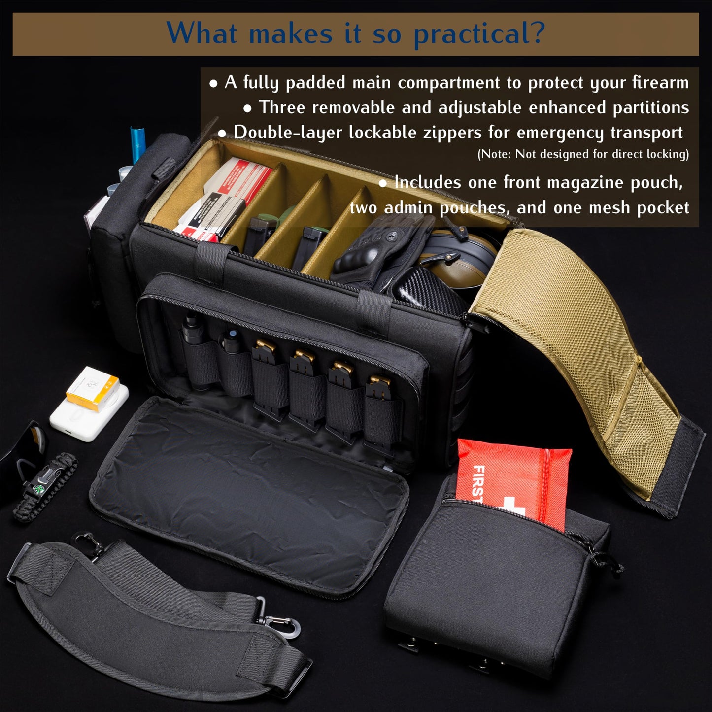 Aprikostein Range Bag for Handgun Ammo Shooting, L/XL Gun Case Carry 5+ Pistols Transport Tactical Gears Accessories with Lockable Zipper Molle Strap, Duffle Sport Bag Hunting Storage Capricorn