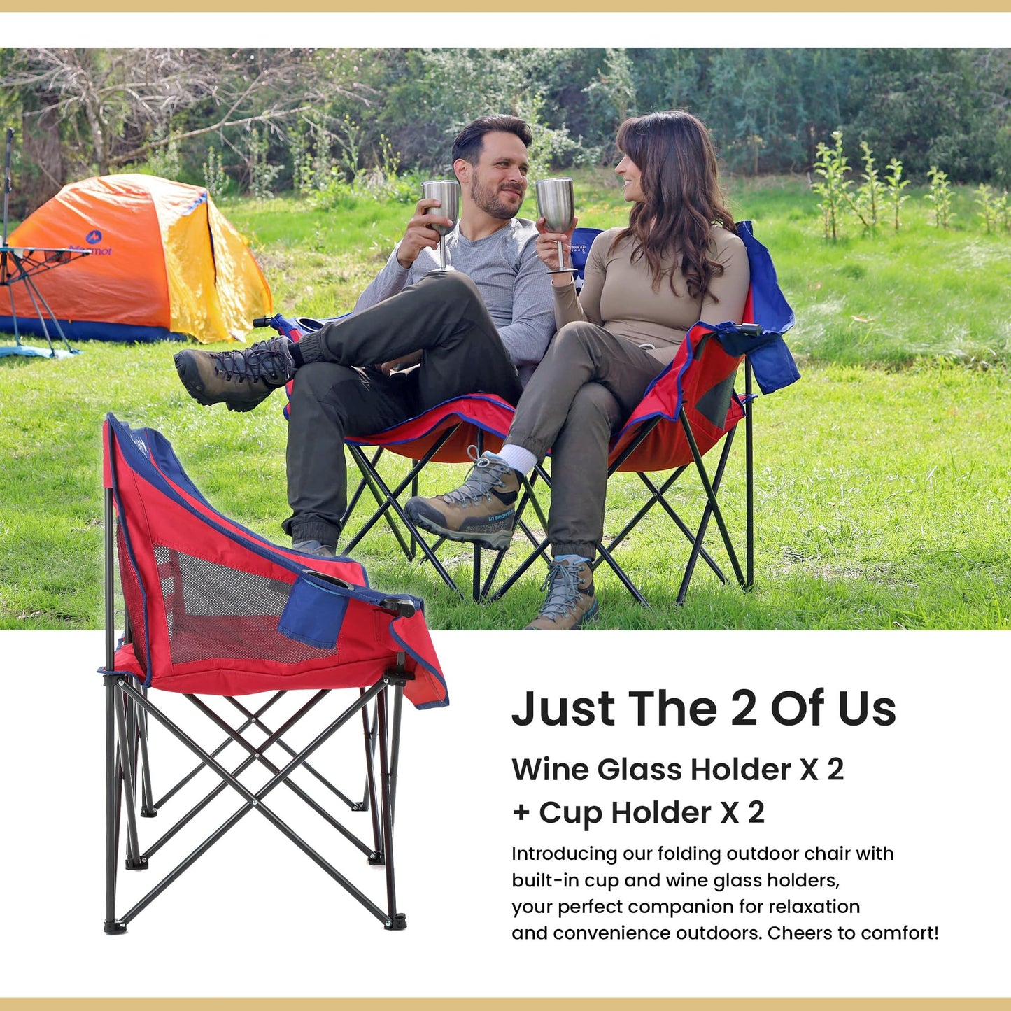 ARROWHEAD OUTDOOR Portable Folding Double Duo Camping Chair Loveseat w/ 2 Cup & Wine Glass Holder, Carrying Bag, Supports up to 500lbs