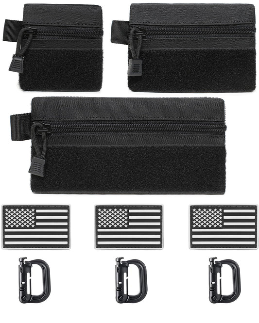 3 Pieces MINI Tactical Tool Zipper Pouch with US Patches & D-Ring Clips - Expansion Pouch,Bag Insert EDC Organizer,Utility Storage Accessories with Hook Fasteners for Vest Backpack Bag Hook and Loop