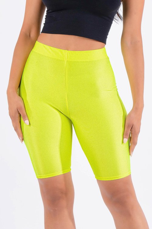 OFENTI Shiny Biker Shorts Colorful Knee Length High Waist Active Slip Shorts Boy Shorts Dance Yoga Running Lounge Neon Yellow 2X