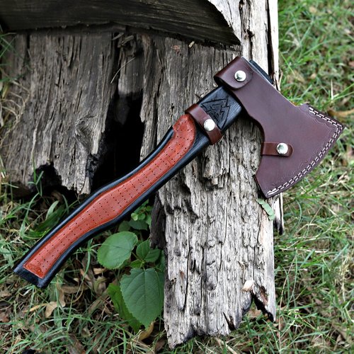 Wazir Crafts Handmade Viking Axe | 18" Carbon Steel Throwing Hatchet with Ash Wood Handle & Leather Sheath | Etched Norse Design, Functional & Collectible Gift(WCA-001)