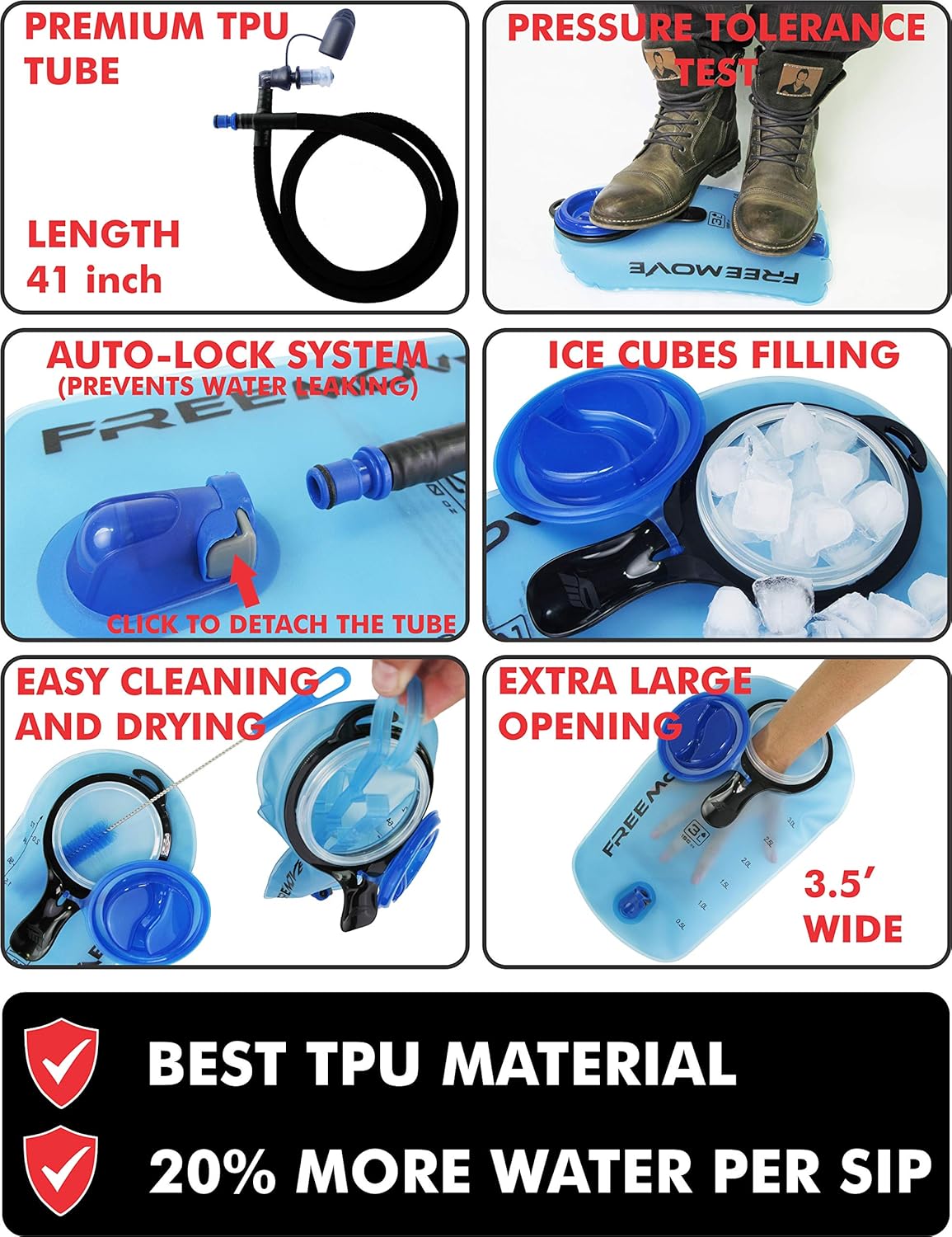 FREEMOVE Hydration Bladder 2L / 3L Water Bladder for Hiking Backpack &gt;Blue or Green&lt; Leak Proof Hydration Pack, Tasteless & BPA Free, TPU Water Reservoir, Quick Release Insulated Tube & Shutoff Valve