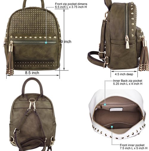 B BRENTANO Vegan Studded Mini Daypack with Tassel Accents (Olive)