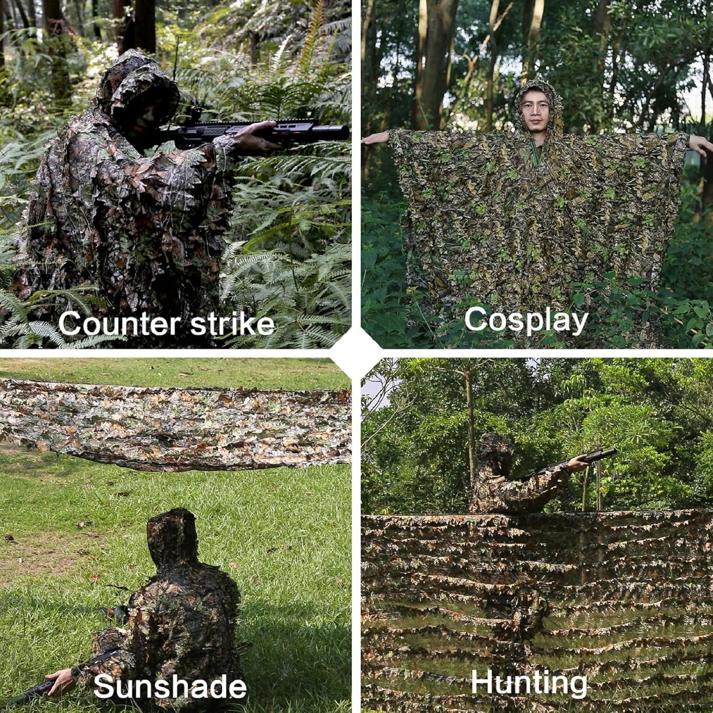 Zicac Outdoor Ghillie Suit 3d Leafy Camo Poncho for Men Hunting Bird Watch Military CS Woodland Hoodie Camouflage Cloak