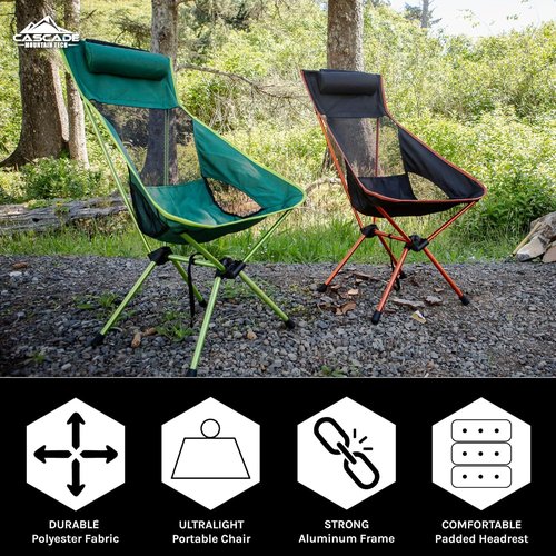 Cascade Mountain Tech Outdoor High Back Lightweight Camp Chair with Headrest and Carry Case - Black