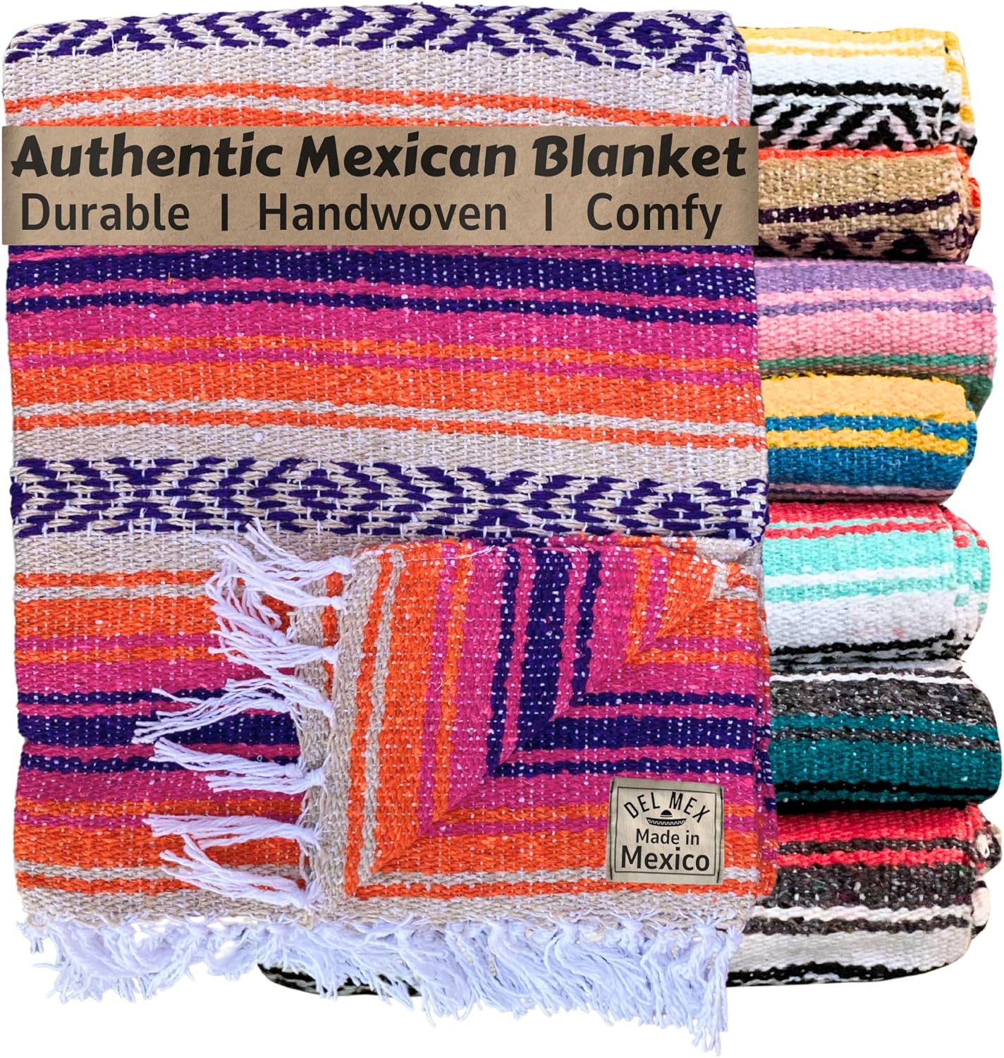 Authentic Del Mex Large Mexican Blanket - Woven Falsa Throw (70"x50") for Beach, Yoga & Outdoor Decor - Pink/Tan
