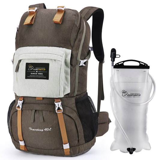 MOUNTAINTOP 40L Hiking Backpack with 3L Hydration Bladder for Women & Men Outdoor Travel Camping Day Pack with Rain Cover, 21.7 x 13 x 7.9 in,Brown