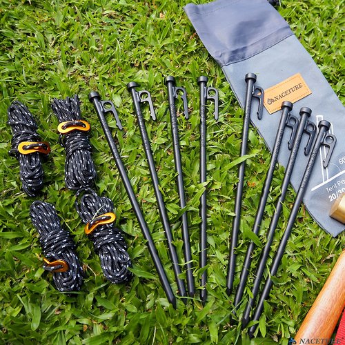 Metal Tent Stakes Heavy Duty 12 Inch 8 Pack with Camp Rope Guy Lines, Metal Stake for Ground, Canopy, Tarps, Sand Anchors for Camping, Picnics, or Yards, Reinforced Nail Heads Camping Accessories and