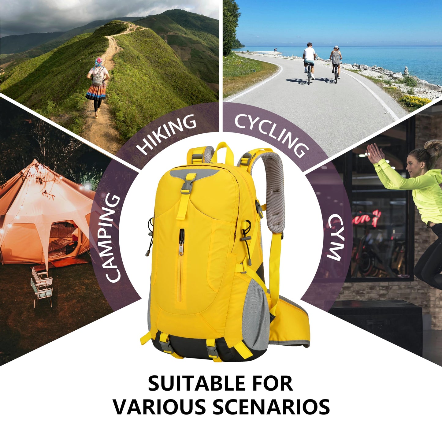 JYUNXIY Hiking Backpack for Men and Women, Travel, Sport Outdoor, Lightweight Back Pack, Camping, Bag, waterproof, 40L.(Yellow)