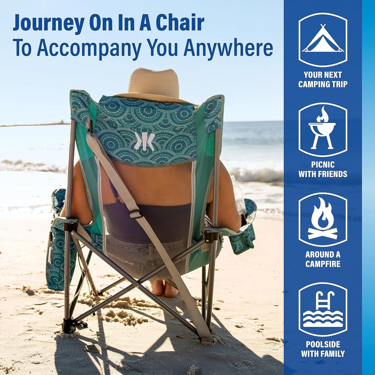 Kijaro Beach Sling Chair with Cooler Pocket - Various Fun Colors & Patterns - Perfect Beach Folding Chair and Camping Chair - Includes a Detachable Pillow